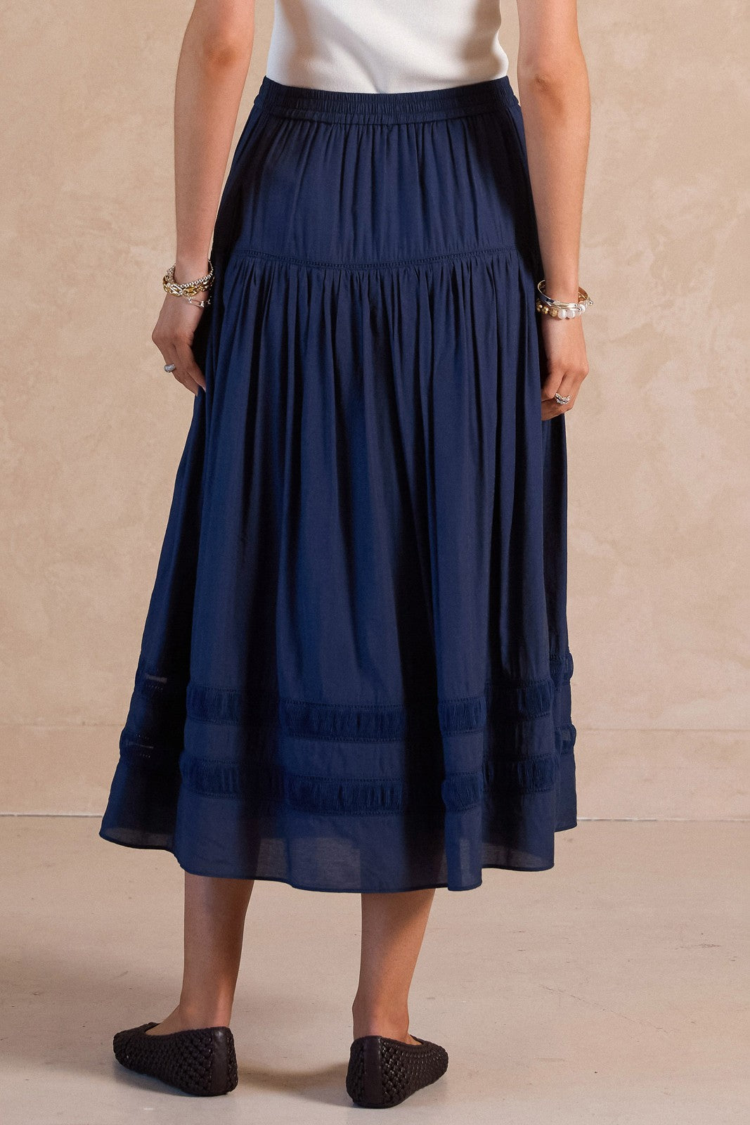 A Line Tiered Midi Skirt in Navy