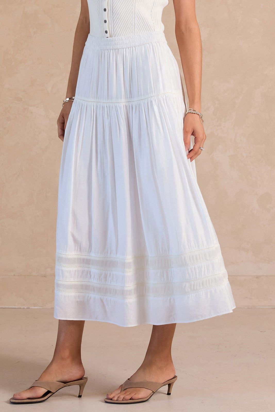 A Line Tiered Midi Skirt in White