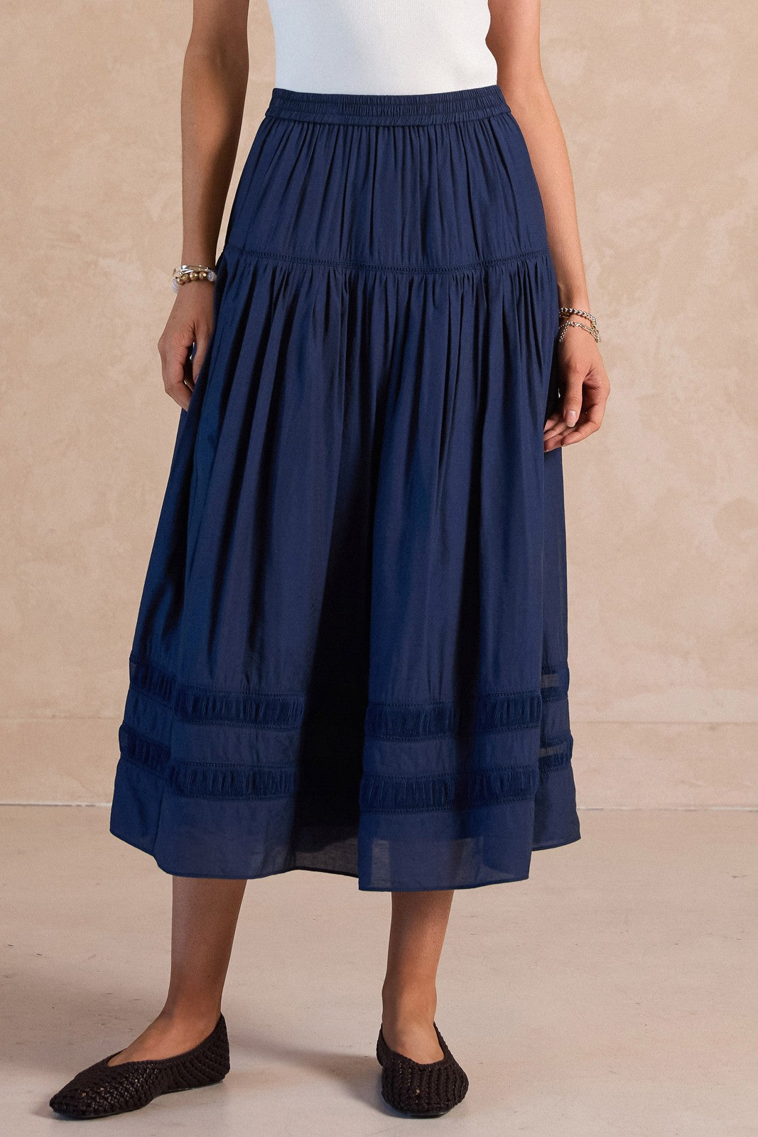 A Line Tiered Midi Skirt in Navy