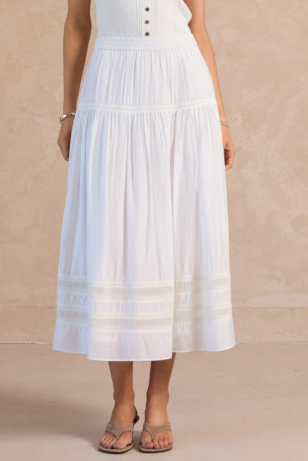 A Line Tiered Midi Skirt in White