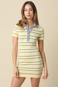 Denim Collar Stripe Dress in Butter