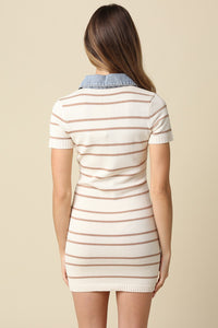 Denim Collar Stripe Dress in Beige