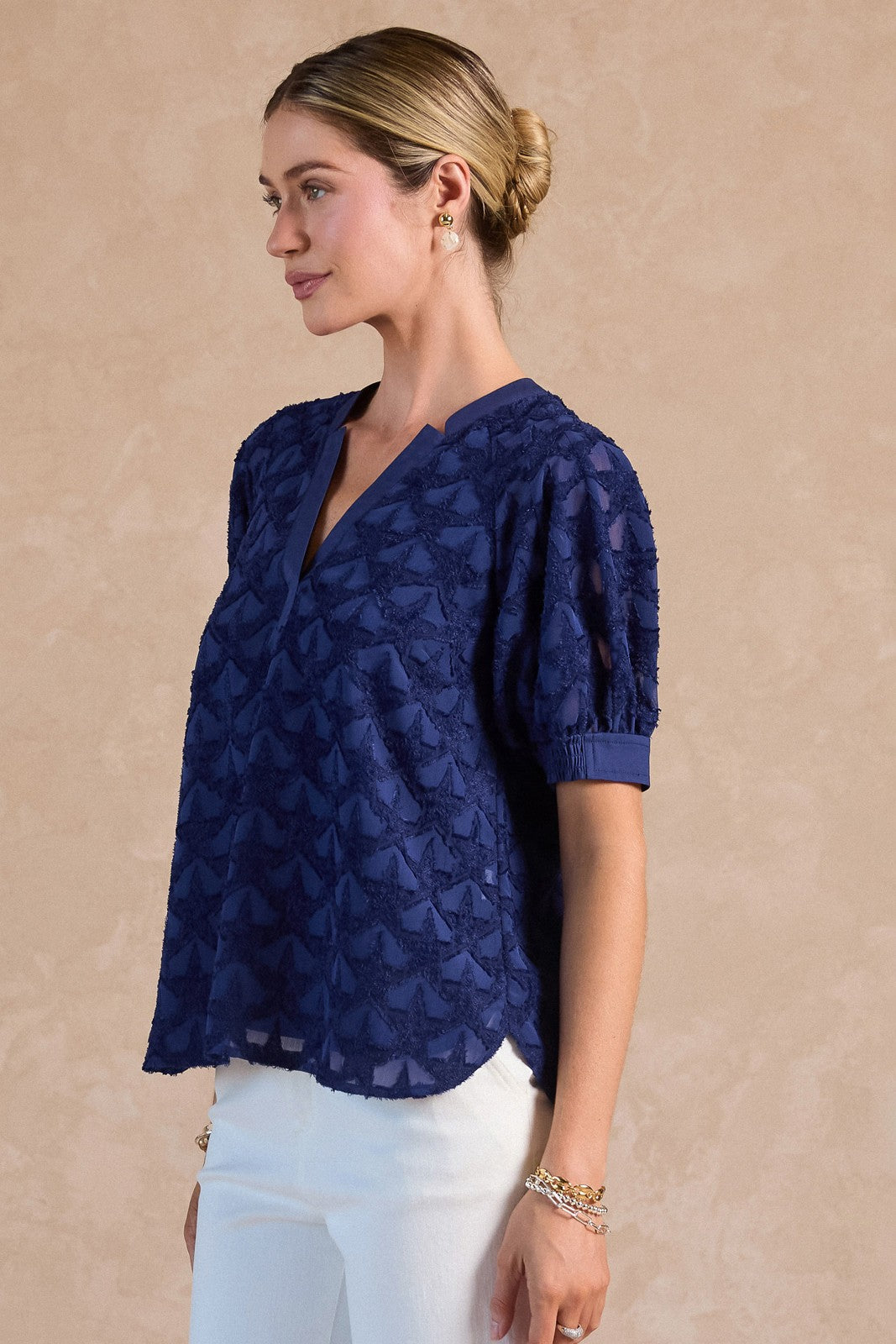 Geron Star Textured Blouse in Navy