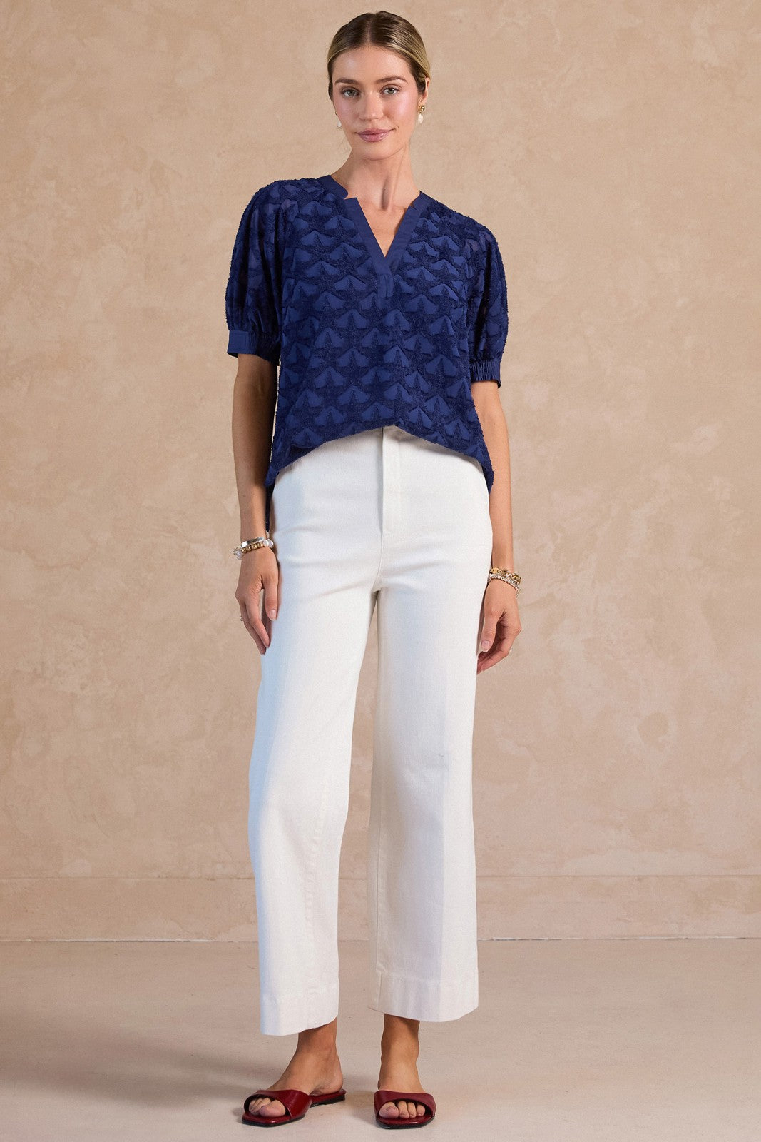 Geron Star Textured Blouse in Navy