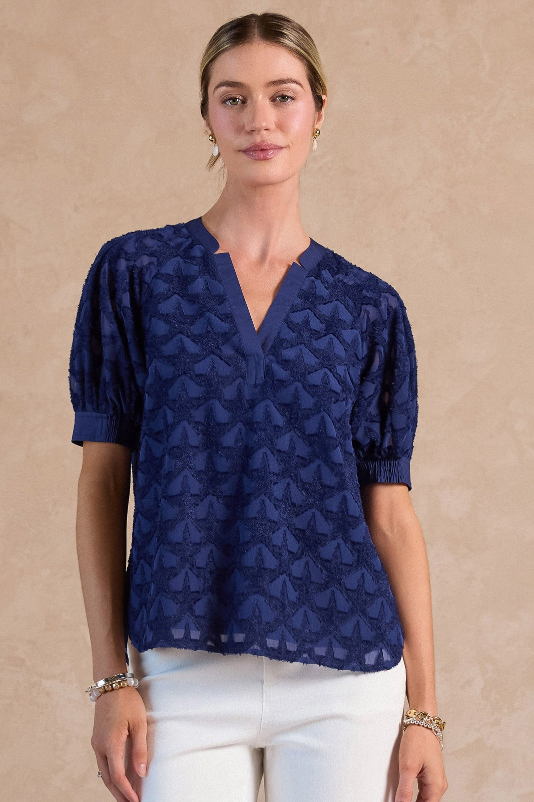Geron Star Textured Blouse in Navy