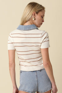 Aria Stripe Denim Collar Top in Mocha