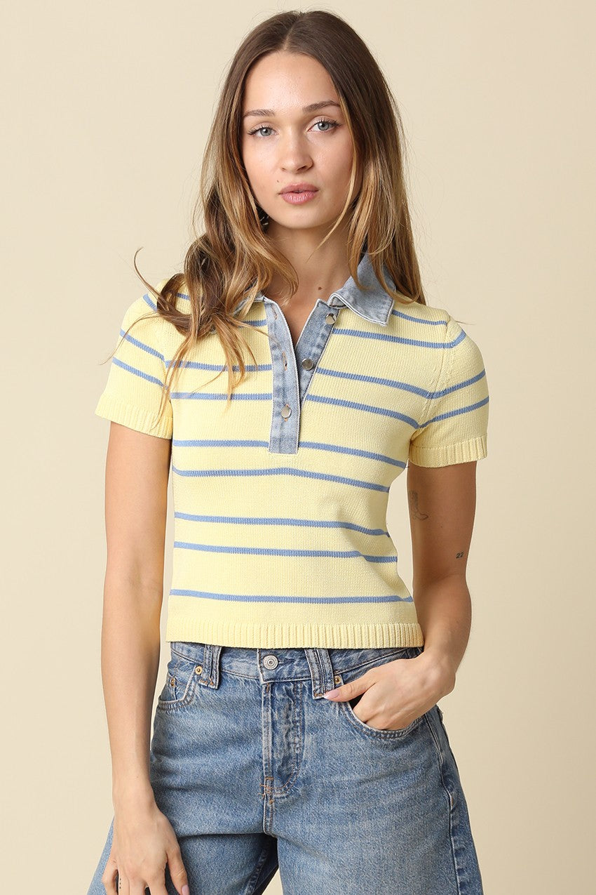 Aria Stripe Denim Collar Top in Butter