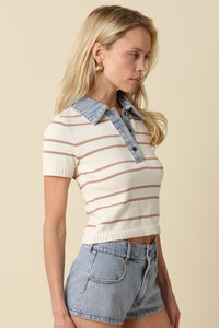 Aria Stripe Denim Collar Top in Mocha
