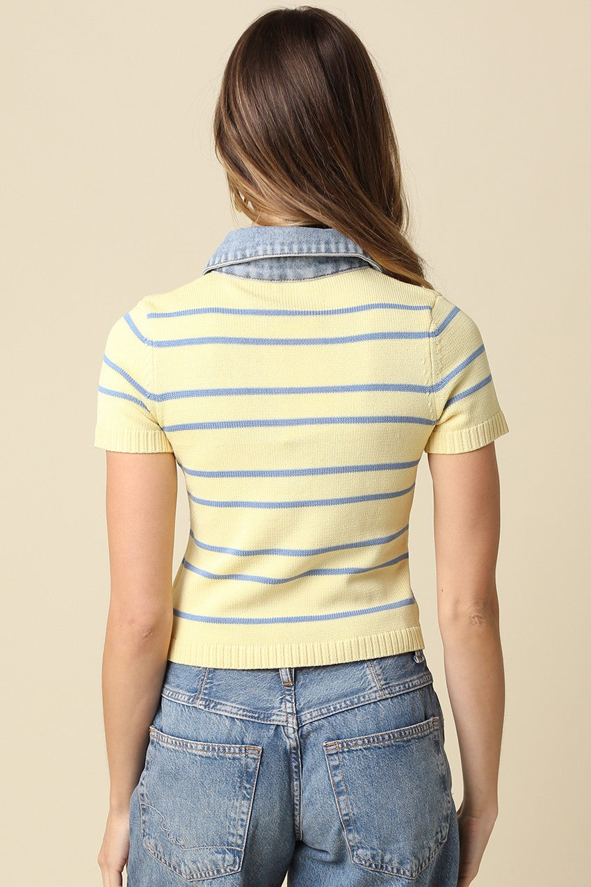 Aria Stripe Denim Collar Top in Butter