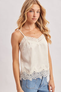 Cécile Satin Floral Lace Mesh Cami in Ecru