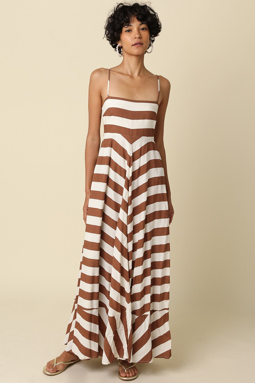 Brown and Cream Stripe Maxi Dress