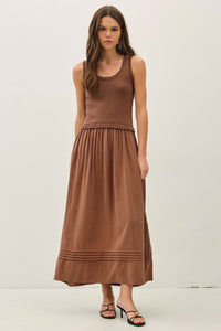 Truffle Mixed Material Pintuck Maxi Dress