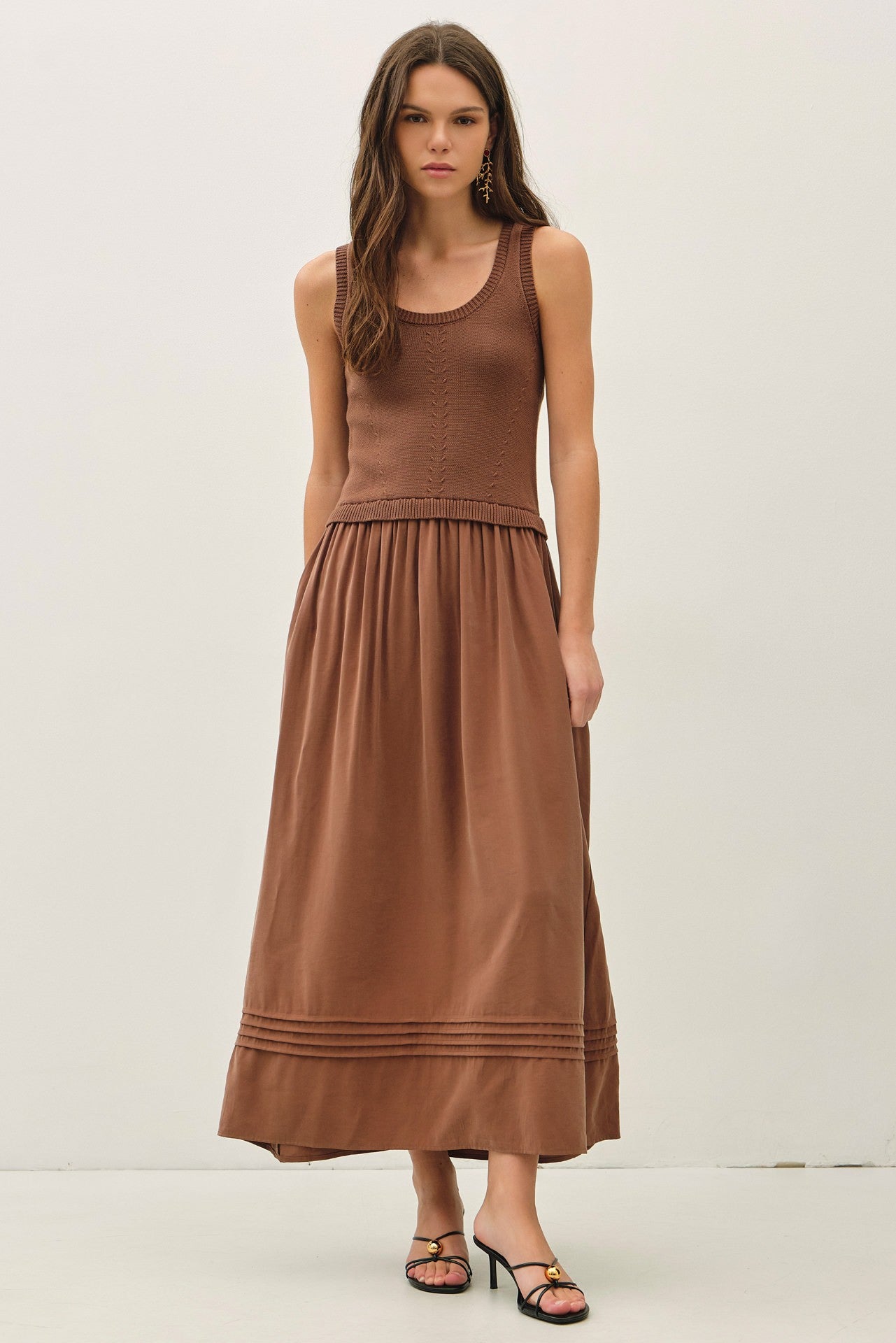 Truffle Mixed Material Pintuck Maxi Dress