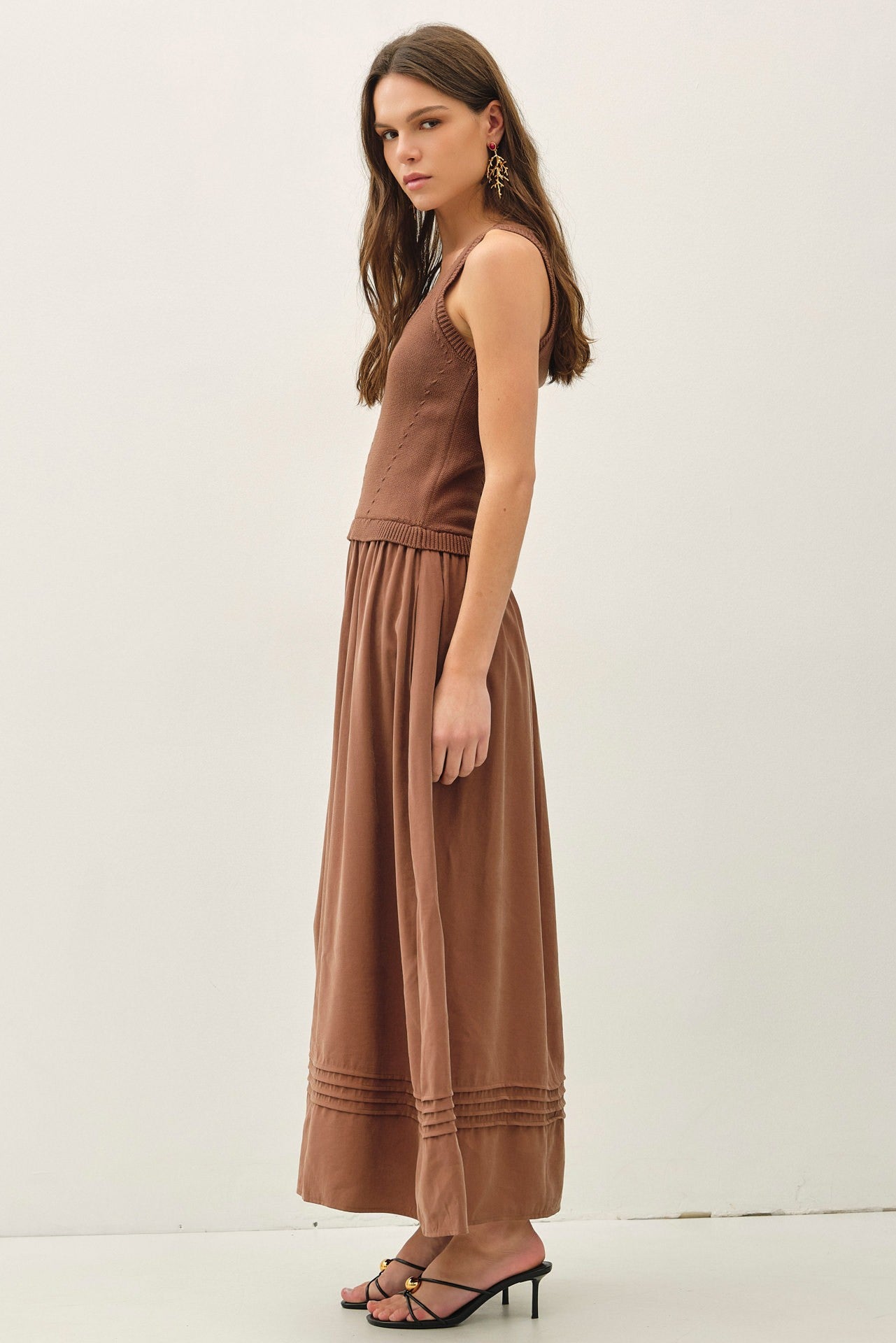 Truffle Mixed Material Pintuck Maxi Dress
