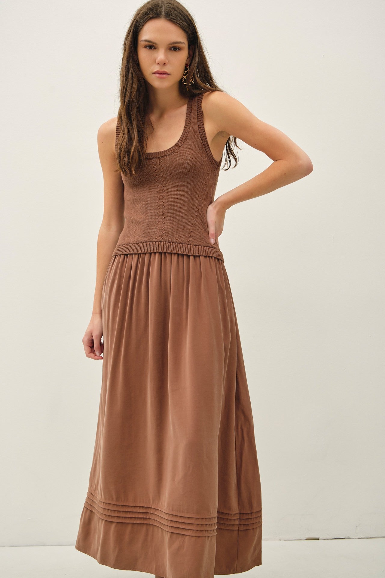 Truffle Mixed Material Pintuck Maxi Dress