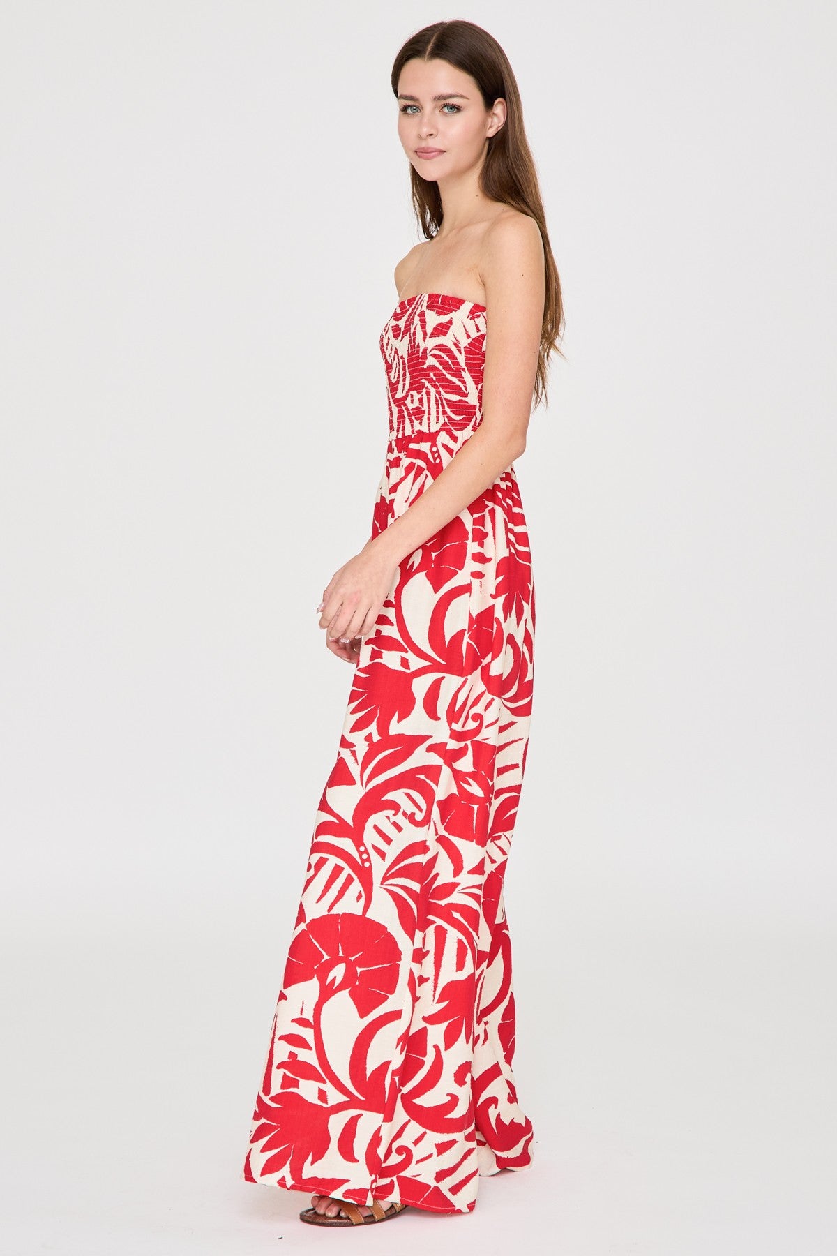 Smocked Strapless Wide Leg Print Jumpsuit