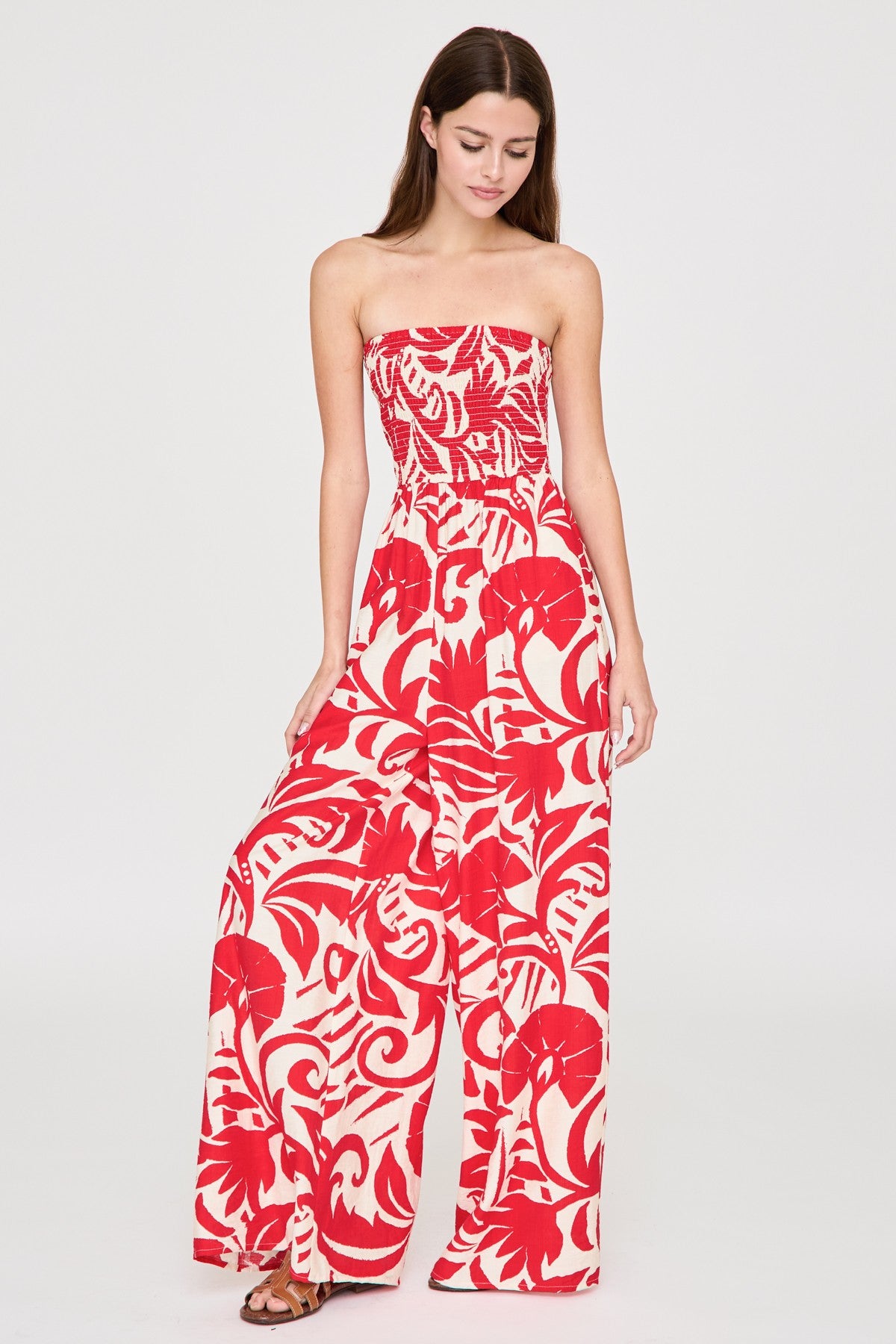 Smocked Strapless Wide Leg Print Jumpsuit