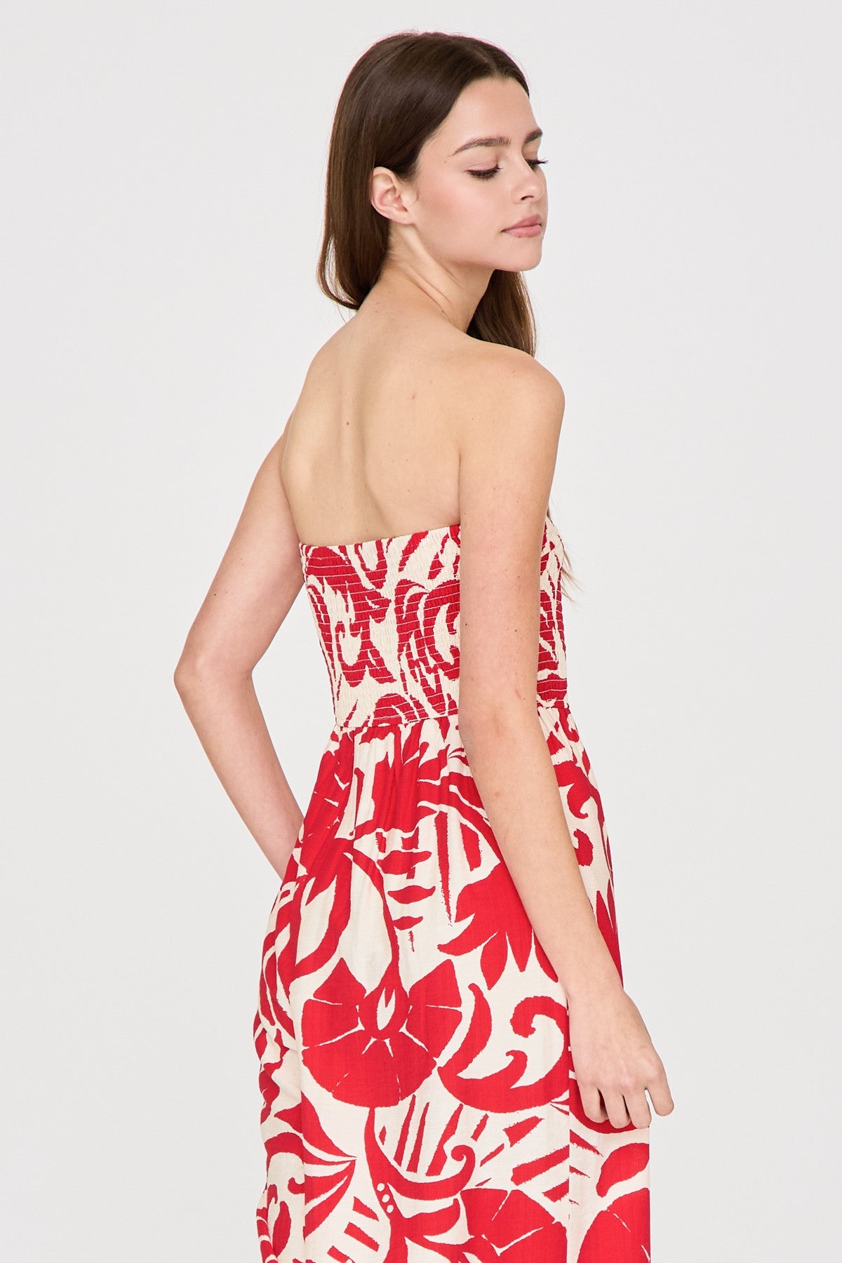 Smocked Strapless Wide Leg Print Jumpsuit