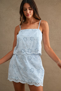Perla Floral Eyelet Scallop Top & Mini Skirt Set