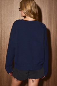 Cockapoo Graphic Oversized Crew Neck Sweater in Navy — close-up of knit Cockapoo dog graphic