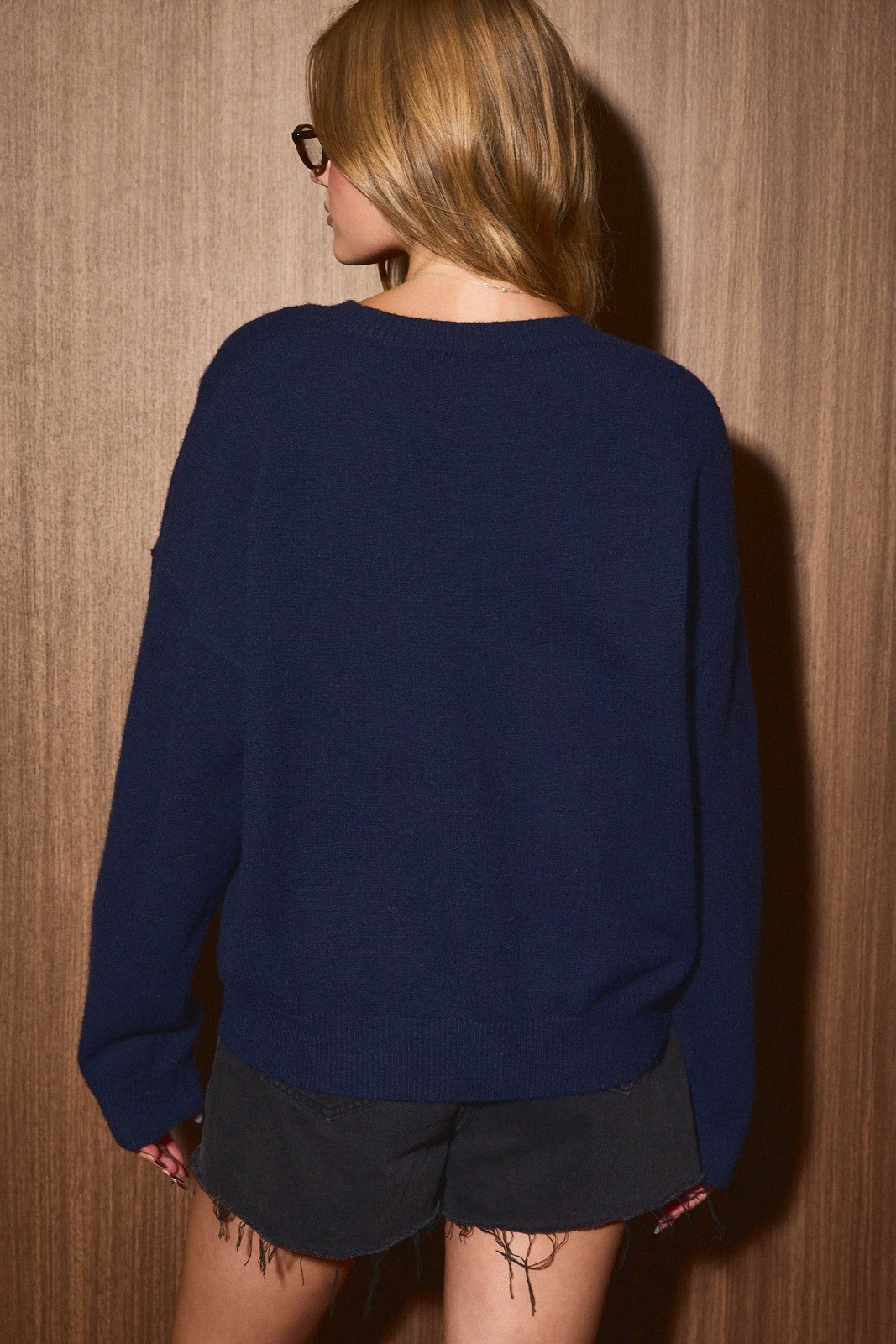 Cockapoo Graphic Oversized Crew Neck Sweater in Navy — close-up of knit Cockapoo dog graphic