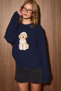 Cockapoo Graphic Oversized Crew Neck Sweater in Navy — side view showing drop-shoulder oversized fit