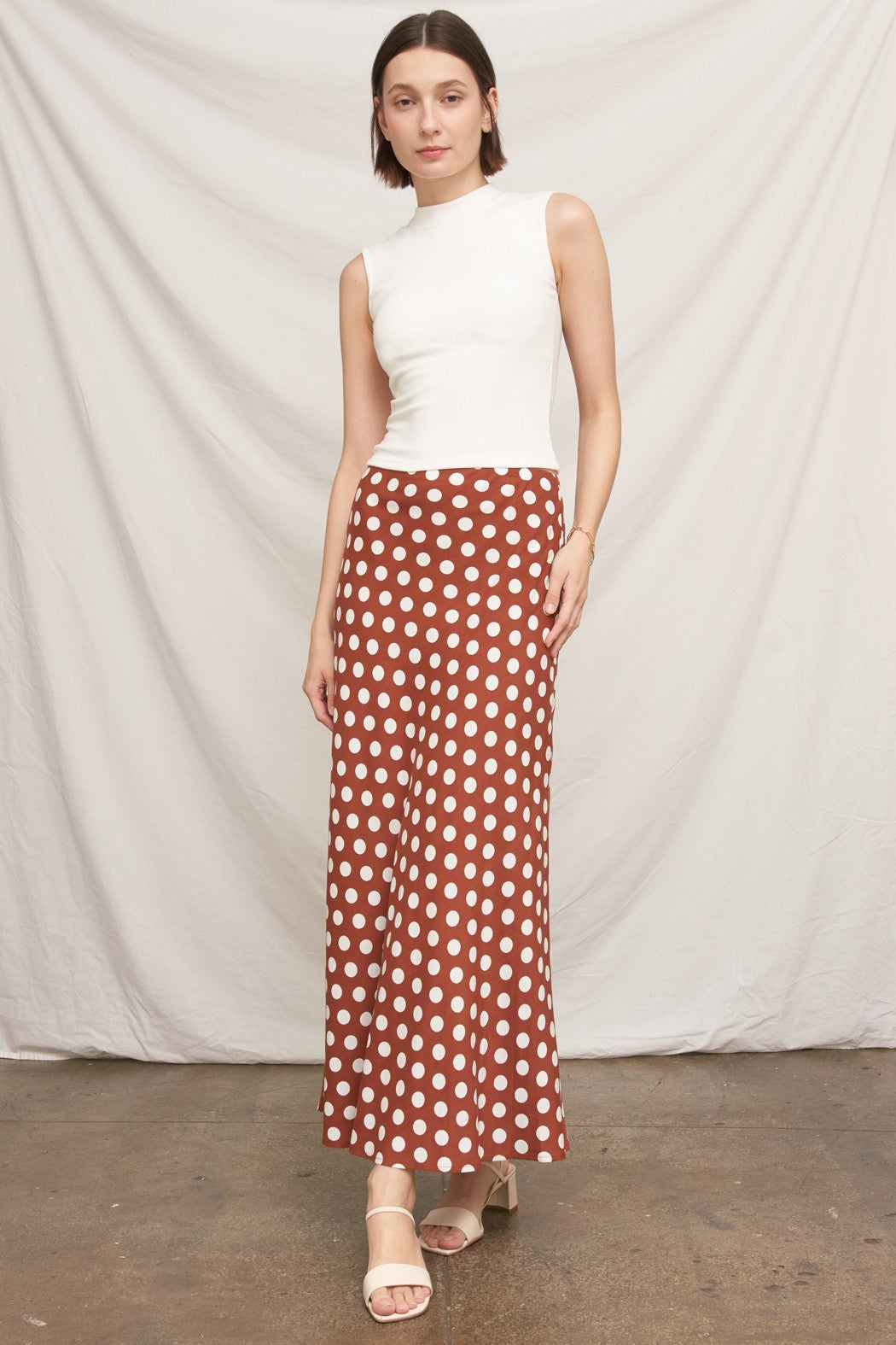 Café au Lait Polka Dot Bias Cut Maxi Skirt