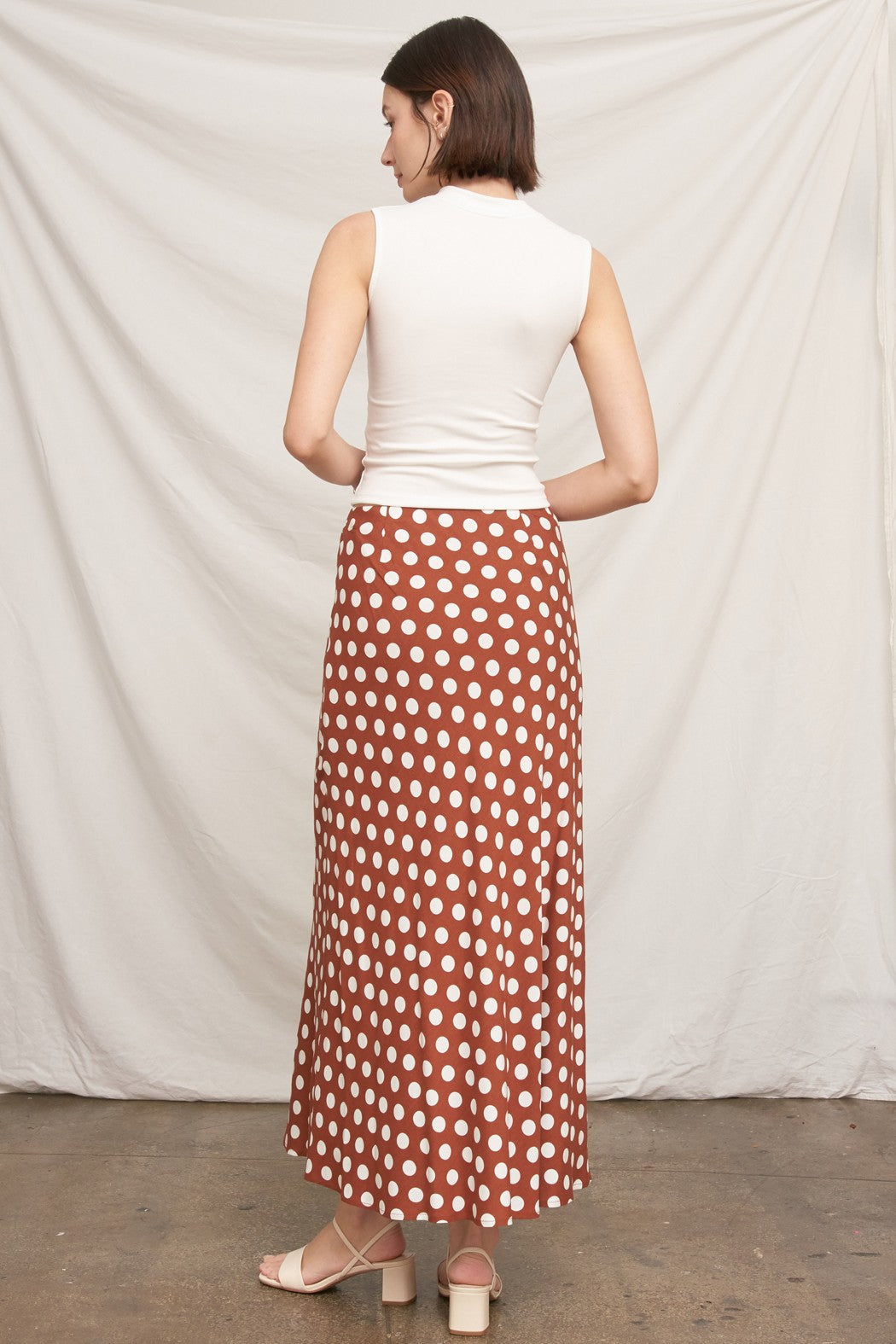 Café au Lait Polka Dot Bias Cut Maxi Skirt