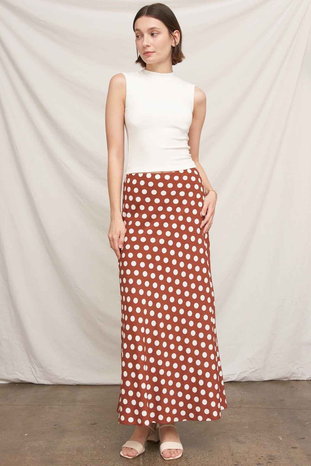 Café au Lait Polka Dot Bias Cut Maxi Skirt
