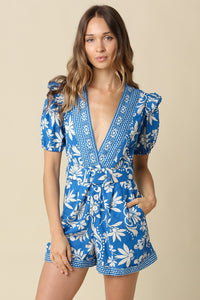 Antoinette Floral Puff Sleeve Belted Romper