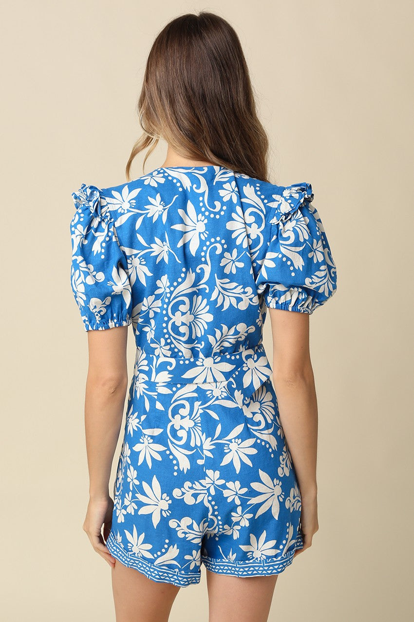 Antoinette Floral Puff Sleeve Belted Romper