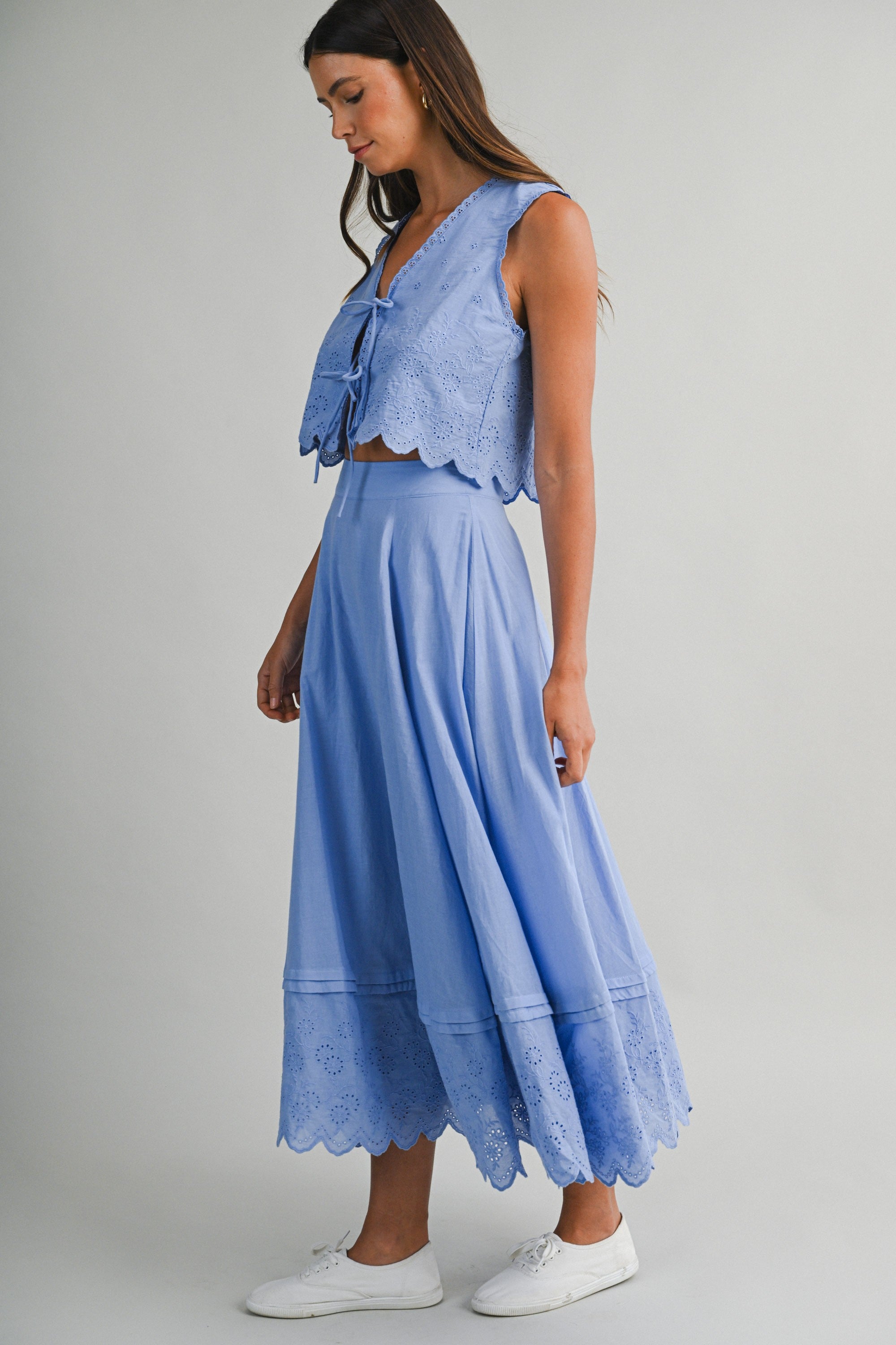 Eyelet Crop Top And Midi Skirt Set in Periwinkle