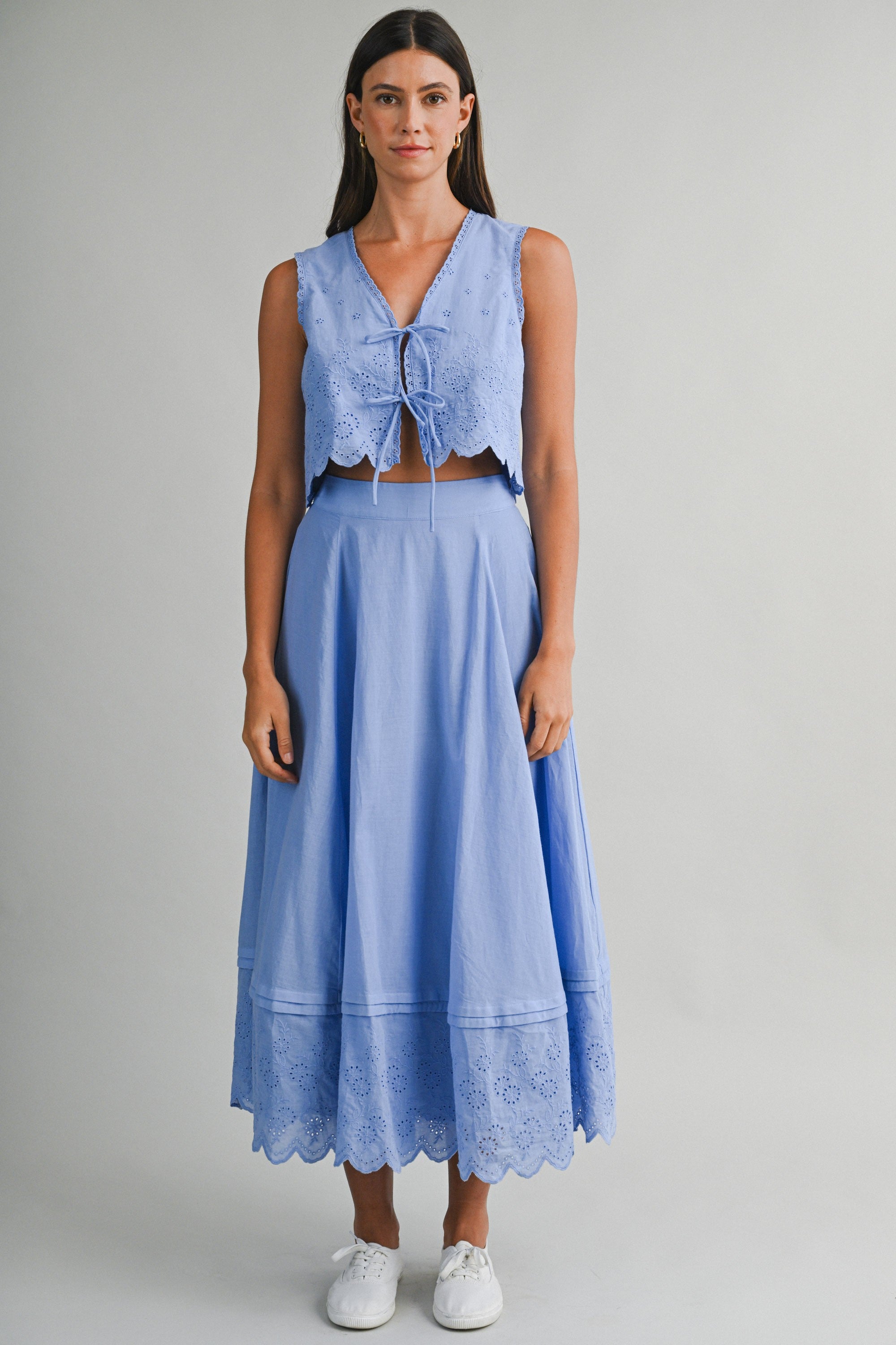 Eyelet Crop Top And Midi Skirt Set in Periwinkle