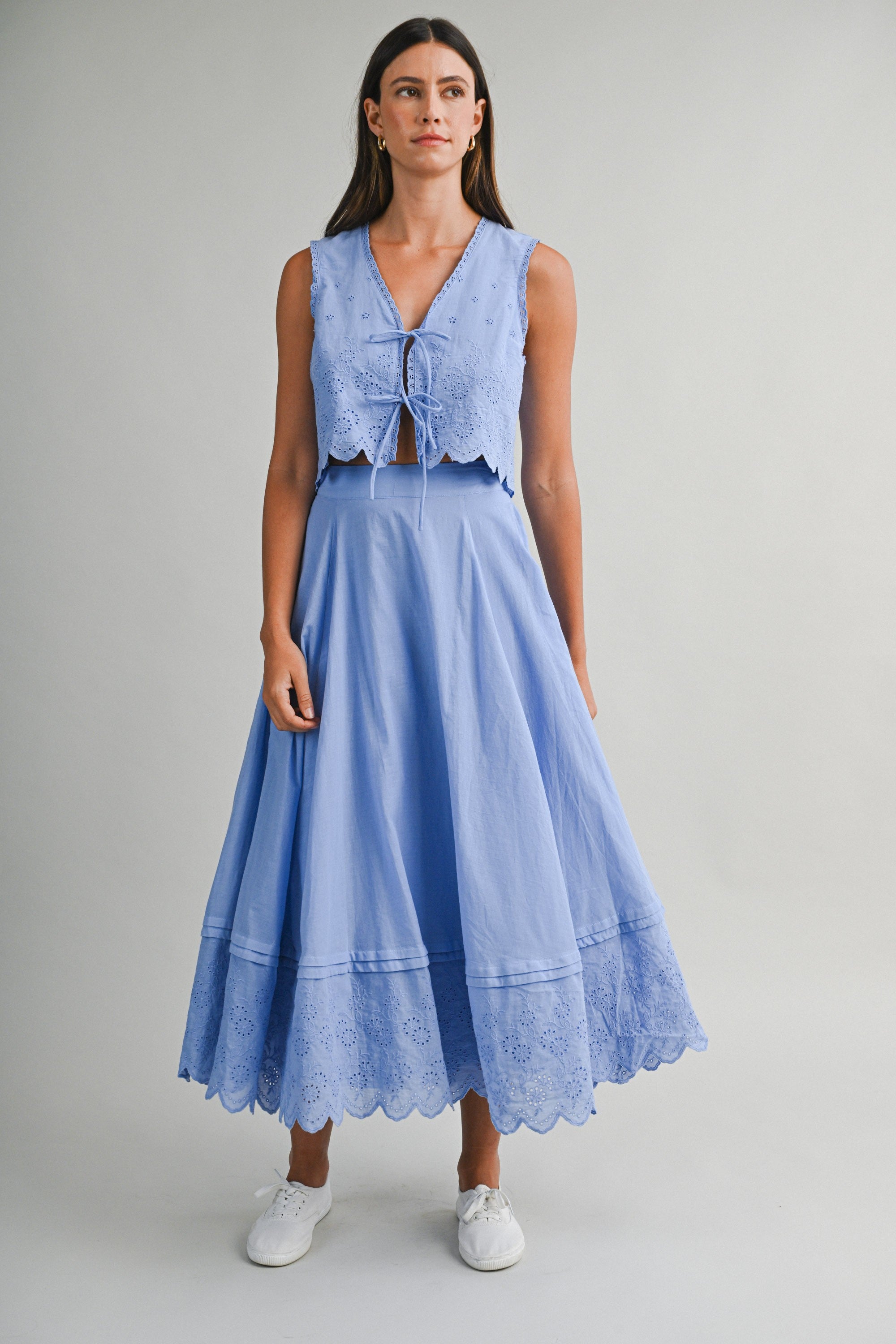 Eyelet Crop Top And Midi Skirt Set in Periwinkle