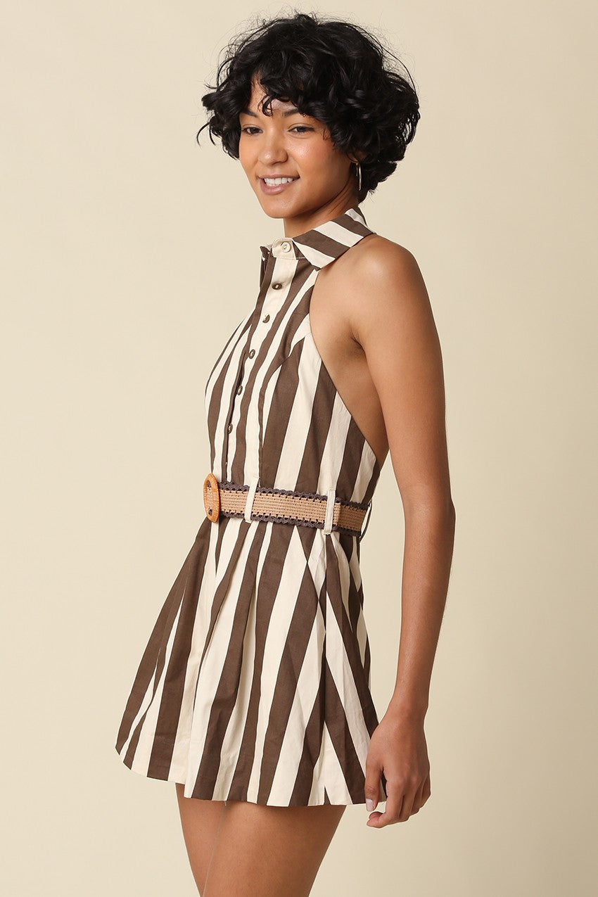 Henley Stripe Belted Halter Romper