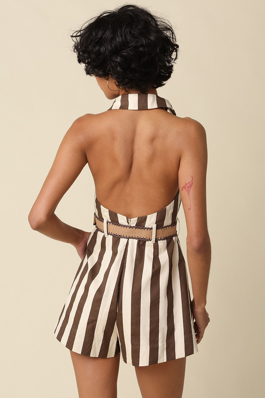 Henley Stripe Belted Halter Romper