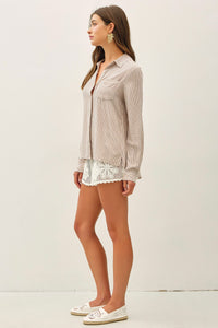 Laguna Stripe Linen Blend Button Down Shirt in Chocolate