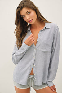 Laguna Stripe Linen Blend Button Down Shirt in Blue