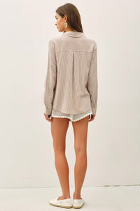 Laguna Stripe Linen Blend Button Down Shirt in Chocolate