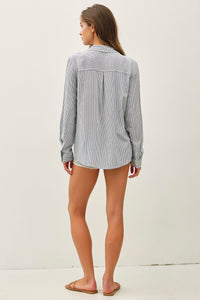 Laguna Stripe Linen Blend Button Down Shirt in Blue