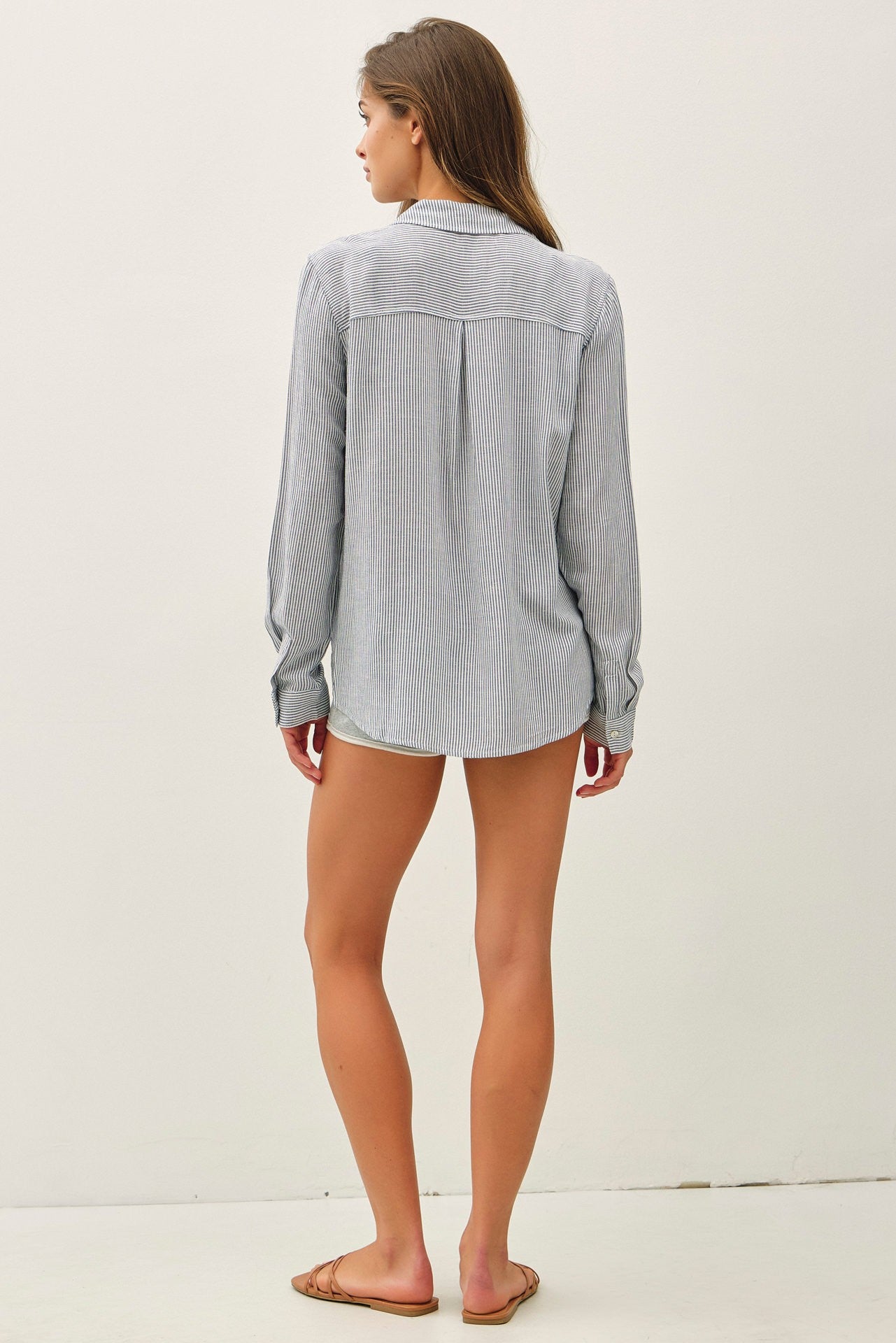 Laguna Stripe Linen Blend Button Down Shirt in Blue