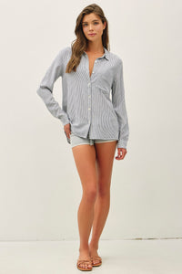Laguna Stripe Linen Blend Button Down Shirt in Blue