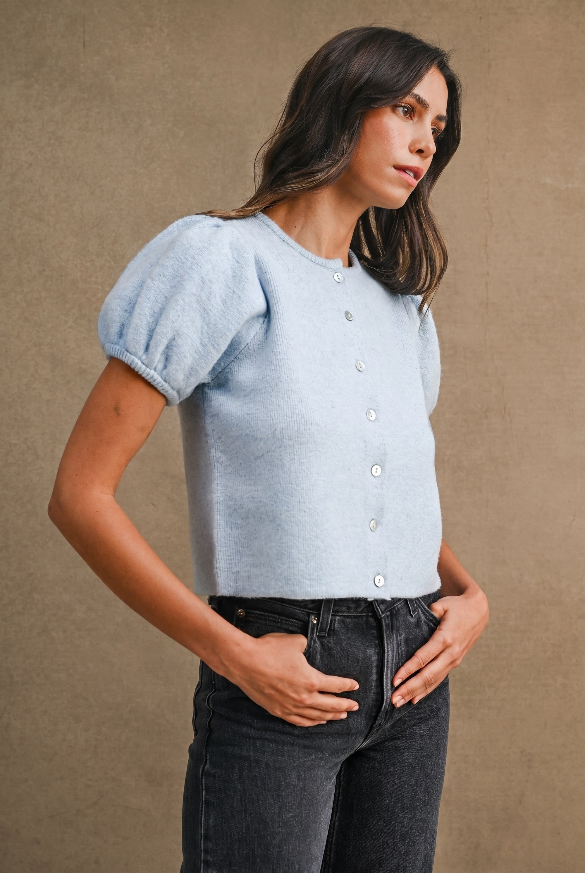Odette Puff Sleeve Button Down Knit Cardigan in Light Blue
