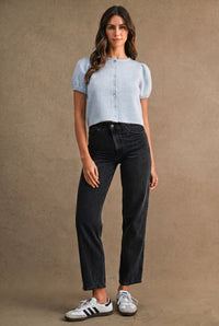 Odette Puff Sleeve Button Down Knit Cardigan in Light Blue