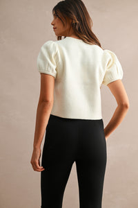 Odette Puff Sleeve Button Down Knit Cardigan in Cream