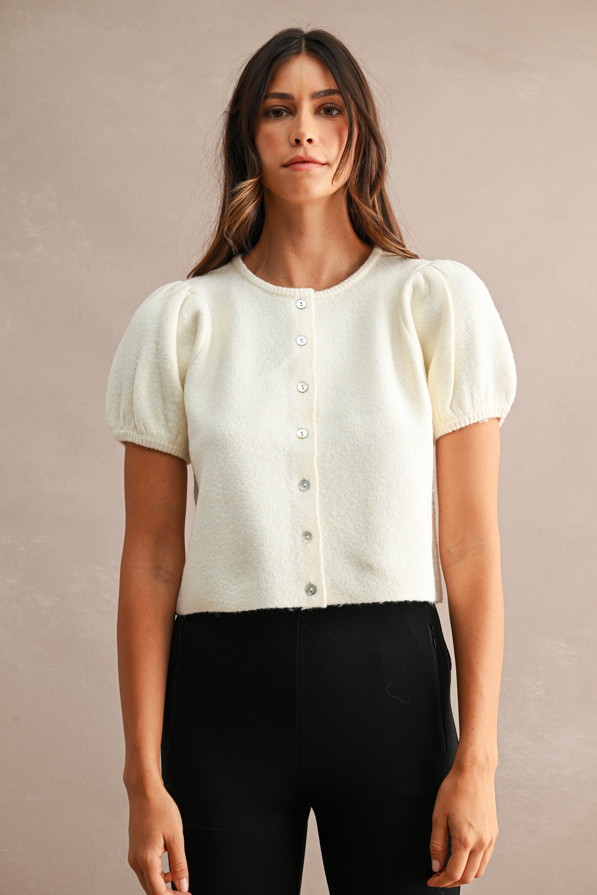 Odette Puff Sleeve Button Down Knit Cardigan in Cream