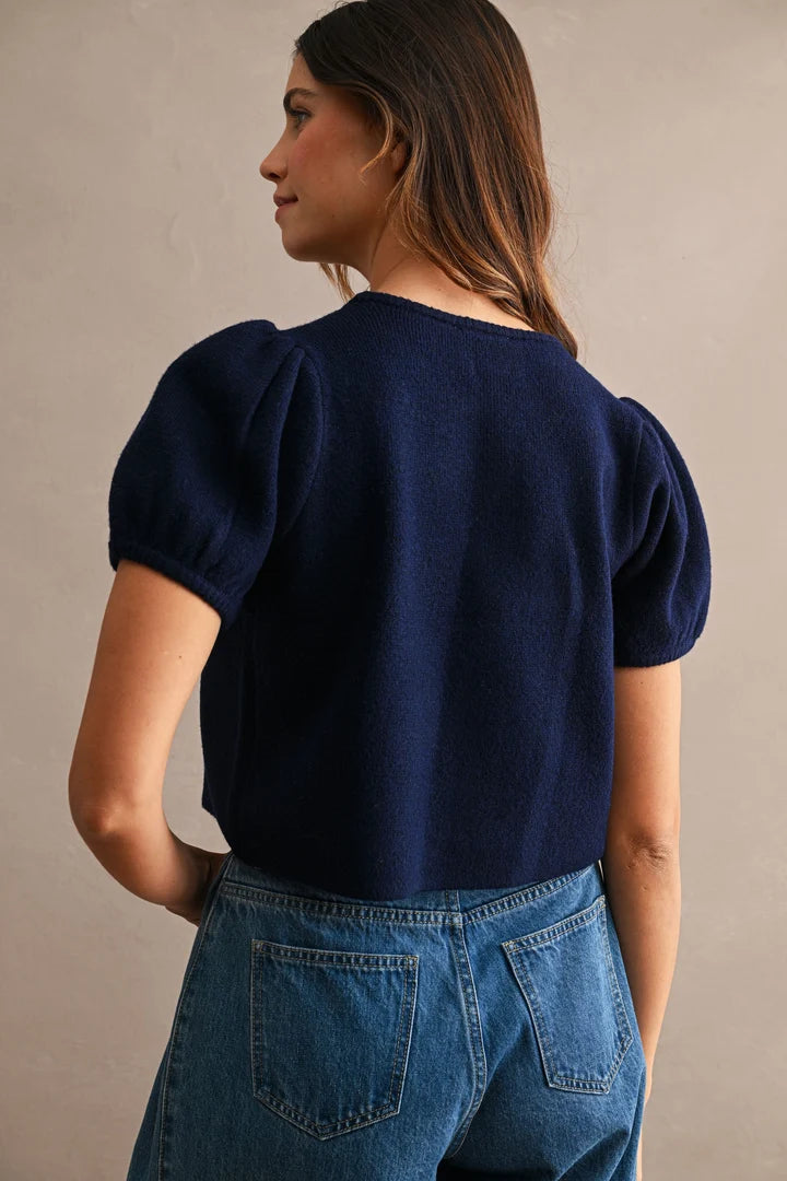 Odette Puff Sleeve Button Down Knit Cardigan in Navy