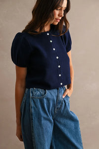 Odette Puff Sleeve Button Down Knit Cardigan in Navy