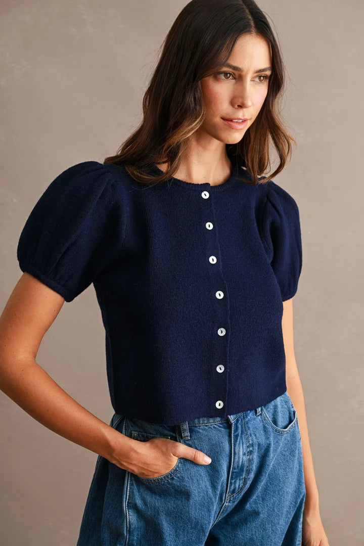 Odette Puff Sleeve Button Down Knit Cardigan in Navy
