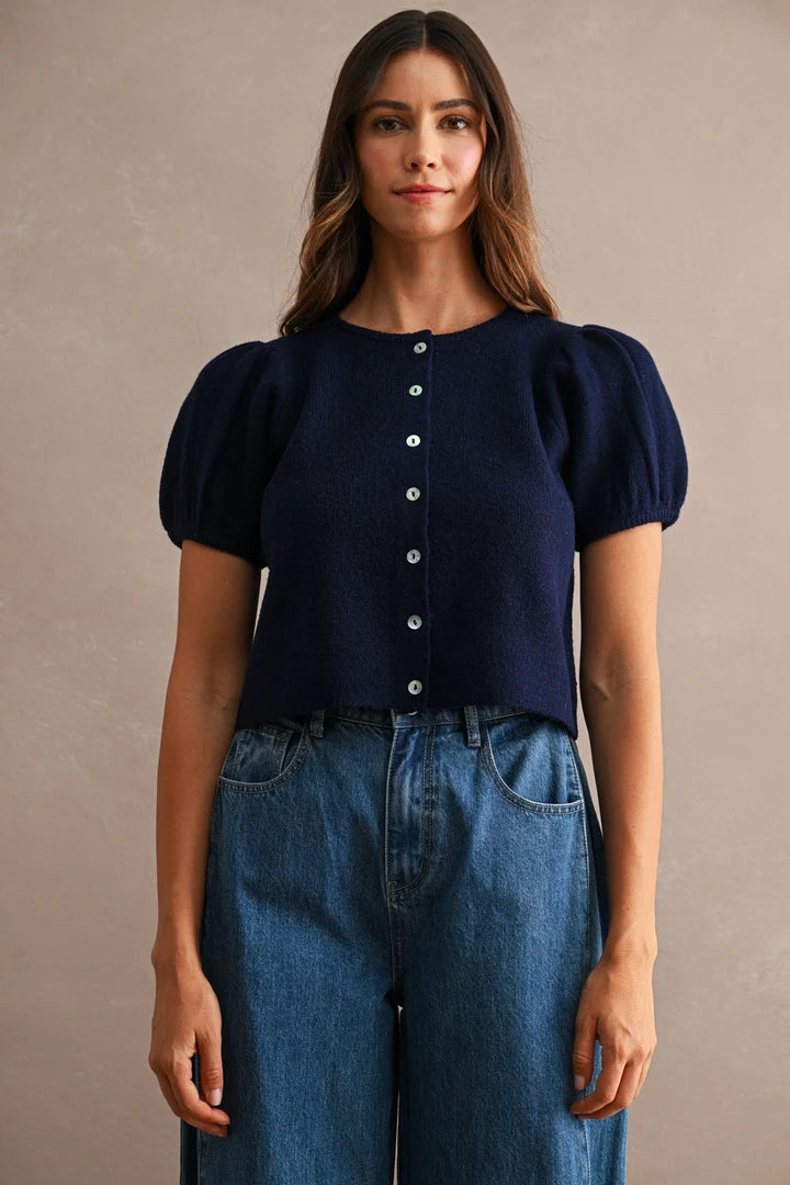 Odette Puff Sleeve Button Down Knit Cardigan in Navy